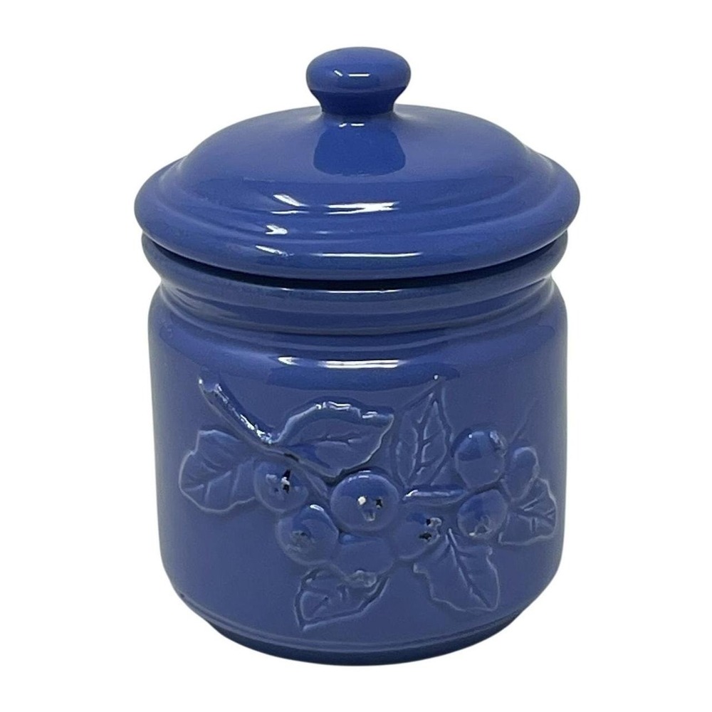Sur La Table Cornflower Cobalt Blue Ceramic Canister Jar w Lid Berries Leaves